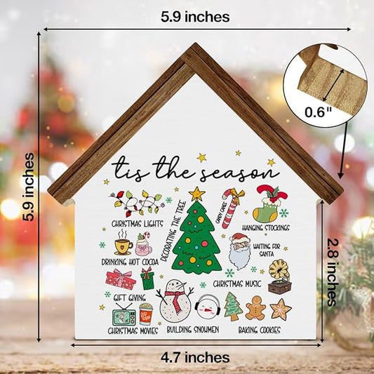 Christmas Home Decor, Xmas Tis the Season House Shaped Wood Block Sign Santa Gingerbread Hot Cocoa Decor, Christmas Holiday Home Living Room Decorations for Desk Table Shelf