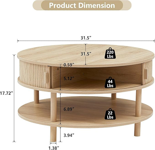 31.5” Round Coffee Table with Storage, Mid Century Modern 2 Tier Coffee Table with Tambour Sliding Door, Solid Wood Legs Fluted Center Table for Living Room Home Office Small Space, Natural