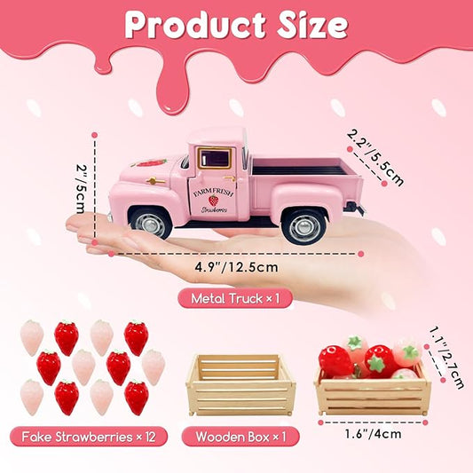 Strawberry Decor 5 Inch Vintage Truck with Mini Fake Strawberries and Wooden Crate Farmhouse Tiered Tray Decor Berry Sweet Summer Kitchen Centerpieces for Tables Strawberry Shortcake Decorations