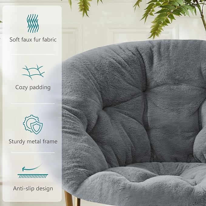 DUMOS Comfy Saucer Chairs Cozy Faux Fur Soft Lounge Cute Folding Bedroom Living Room Seat Flexible Reading Foldable Seating for Kids Adults Thick Padded Metal Frame Modern for Home Office Classic Gray