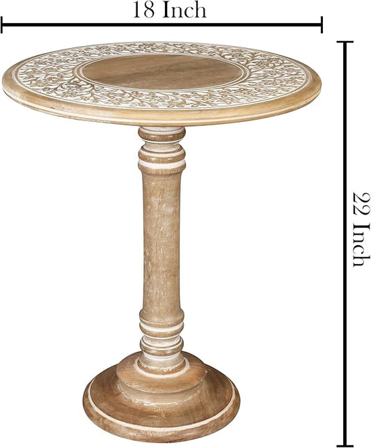 Wooden Pillar Round End Table, Modern Round Wooden Coffee Table, Living Room Rustic Side End Table for Magazines, Books, Plants & Perfect for Christmas Decoration -18x22 Inch White Wash