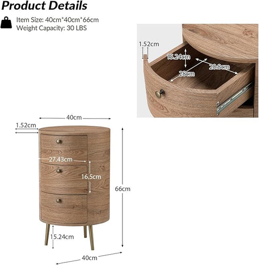 HULALA HOME Round End Table with 3 Storage Drawers, Mid Century Modern Sofa Side Table with Metal Legs, Farmhouse Wood Small Side Table for Living Room, Bedroom and Small Spaces, Gray