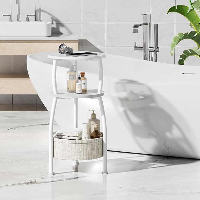 Small Round Side Table for Living Room with Storage Basket –Small Space Saving End Table 3-Tier Nightstand Couch Corner Stand Bedroom, Garden and More 24in Tall Matte White