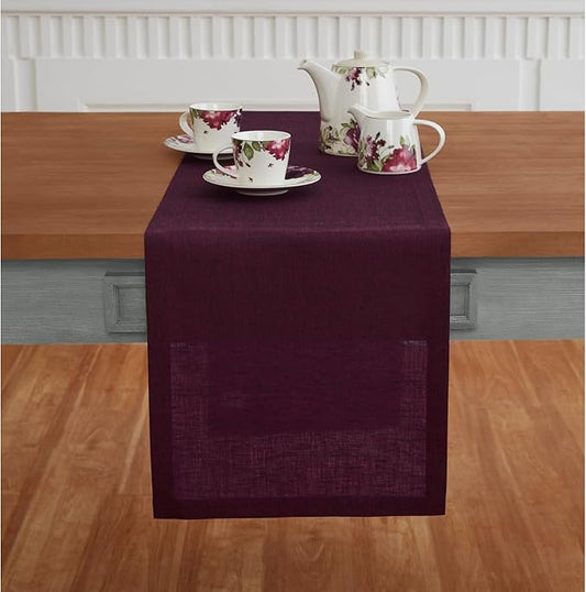 Solino Home Linen Small Table Runner 36 Inches - Athena, 100% Pure Linen Chambray Burgundy Table Runner 14 x 36 Inch Ideal for Dresser and Coffee Tables - Fall, Halloween, Thanksgiving, Christmas