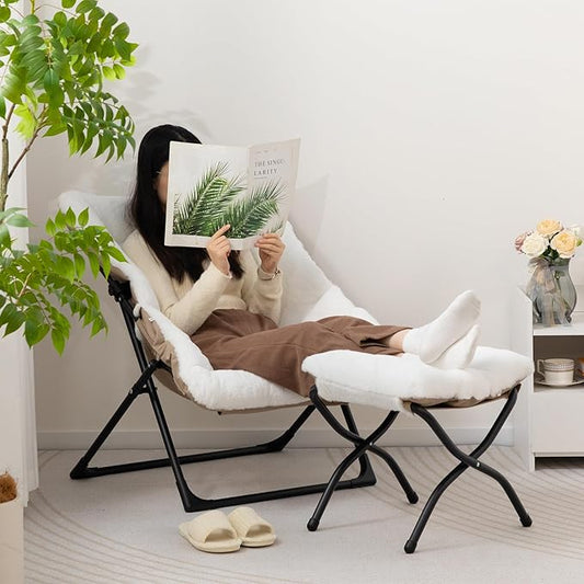 HollyHOME X-Large Saucer Chair with Foldable Ottoman, Comfy Oversized Folding Chair and Folding Footrest Stool Set, Faux-Fur Reading Chair and Footstool for Living Room, Bedroom, White Chair&Stool