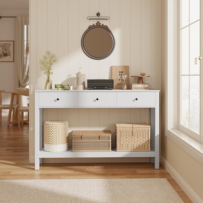 Gizoon Sofa Table with Drawers, Modern Accent Console Table with Open Shelf, Large Storage Space, for Living Room, Front Hall, Entrance Hall, Study Room, White