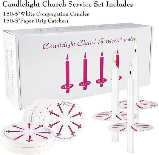 150 Packs Unscented White No Smoke ChurchCandles with Drip Protectors for Devotionalcandlelight Vigil Service.