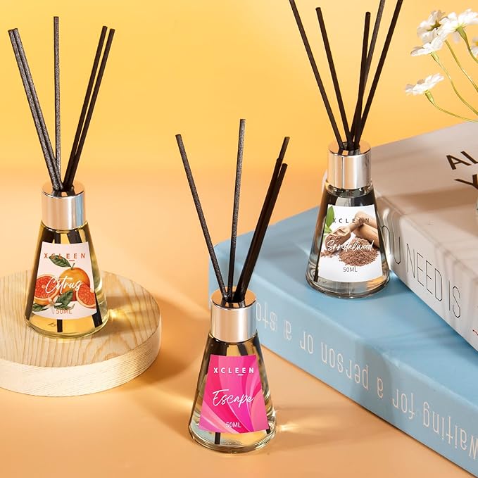 Reed Diffuser of 3 Pack, Escape/Citrus/Sandalwood, Scented Diffuser with 15 Fiber Sticks, Home Fragrance Oil Diffuser, Air Freshener for Bathroom & Bedroom, Each 1.7Fl Oz, Total 5.1Oz