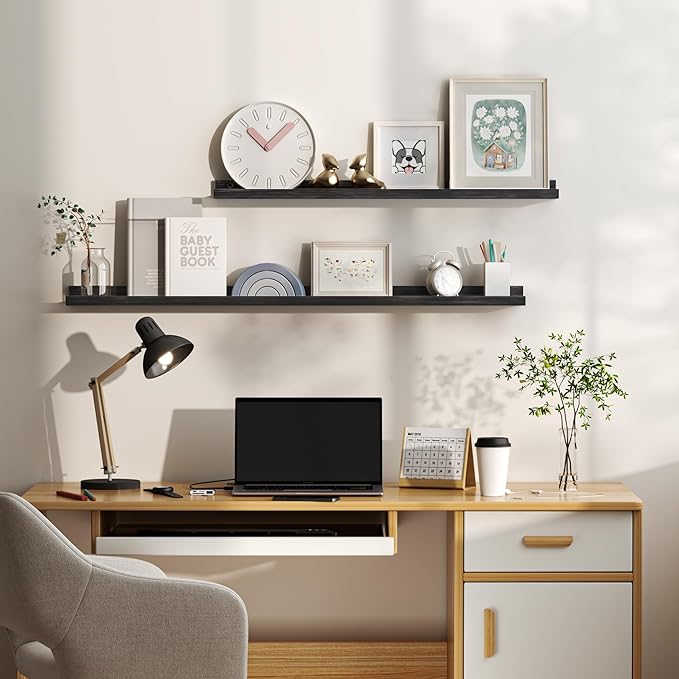 Floating Shelves for Wall, Picture Ledge Shelf 48 Inch Solid Wood Set of 2, Rustic Wall Shelves with Lip, Kids Bookshelf, Photo & Picture Live Edge Floating Shelves for Bedroom, Living Room, Kitchen