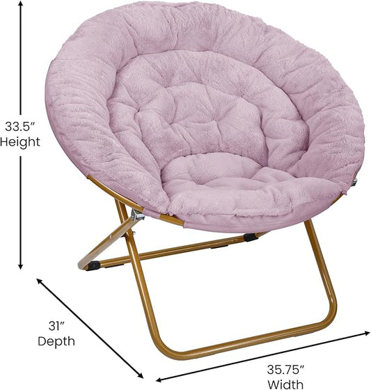 EMMA + OLIVER Ersa Oversize Folding Saucer Chair - Dusty Purple Faux Fur Moon Chair - Soft Gold Metal Frame - 38" Portable Folding Chair - for Dorm and Bedroom