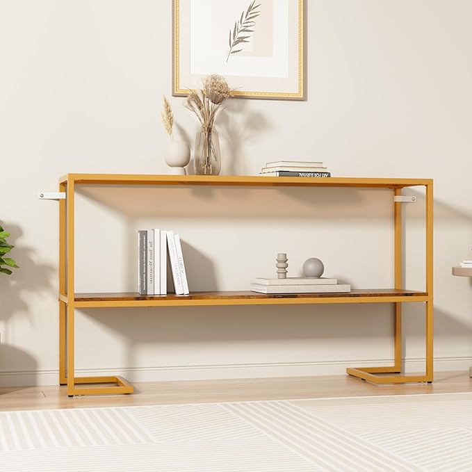 Console Sofa Table, 52" Modern Entryway Table, 2-Tier Open Shelf with Tempered Glass, Metal Frame Behind Couch Table with Gold Metal Frame for Living Room Hallway Entrance, Brown