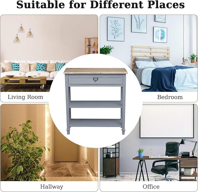 MOTION Entryway Table - Console Table with Drawer Wood & 2 Storage Shelf Narrow Eryway Table for Bedroom Living Room Hallway, Grey