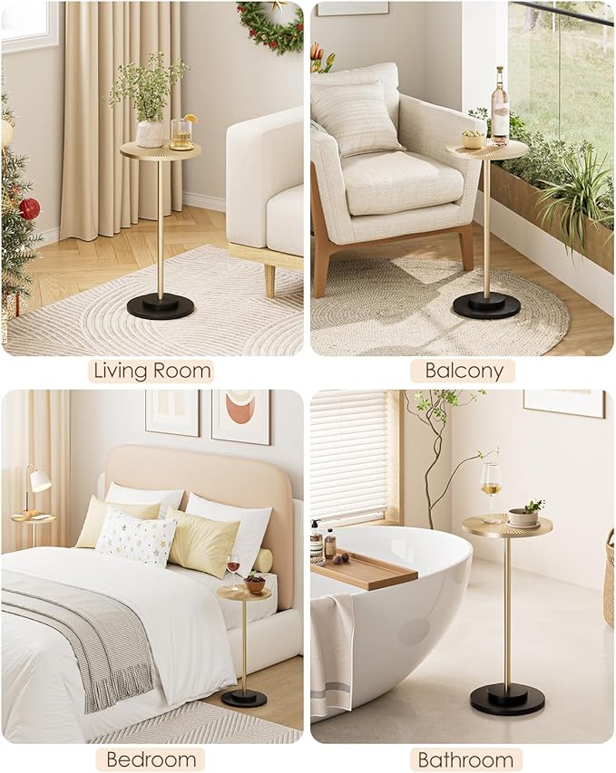 Round Side Table, Small Drink Table for Small Spaces, Modern Accent End Table with Metal Leg for Living Room, Bedroom, Corners, and Office (Gold)
