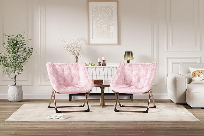 Folding Saucer Chair for Adults, Comfortable Living Room Lounge Chair with Soft Faux Fur Cushion, No Assembly Required, Foldable Accent Furniture for Apartments/Dorms/Bedrooms, Pink