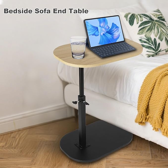 Side Table TV Tray for Couch,Height Adjustable 360° Swivel C Shaped End Table for Small Spaces,Bedside Bathroom Living Room(Original Wood)