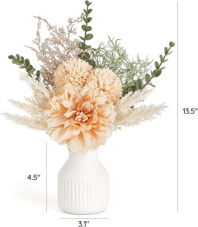 Mkono Small Artificial Flowers in Ceramic Vase 13.5" Centerpieces Coffee Table Decor, Silk Flower Arrangements for Home Decor Indoor Fake Flower Bouquet for Bathroom Dining Room Kitchen Champagne