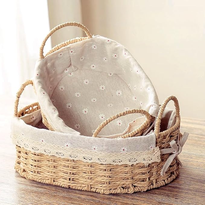 GIB Small Wicker Storage Baskets for Organizing, Decorative Woven Baskets with Handles & Liners, Boho Paper Rope Serving Baskets Trays for Shelves & Gifts, Set of 2