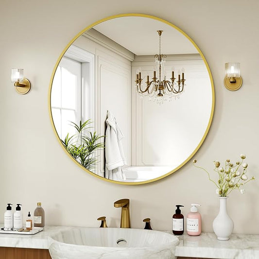 40 Inch Round Mirror - Circle Mirrors for Bathroom, Entryway and Living Room Wall Decor, Modern Hanging Vanity Mirror, Matte Gold Circle Decorative Wall Mirror