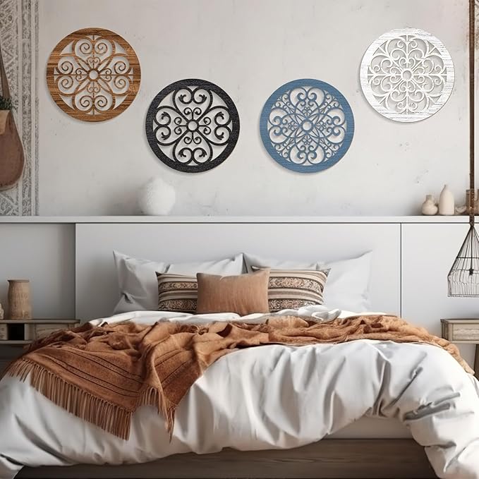 Zzbakress 4 Pieces Farmhouse Wall Decor Rustic Circle Wall Decor Wooden Hollow Carved Round Wall Art for Living Room Bedroom Kitchen Bathroom Home Wall Decoration (Delicate, Colorful)