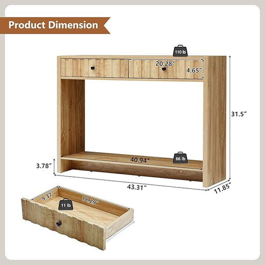 AVZEAR Entryway Console Table with Fluted Drawers, Mid Century Entryway Table with Storage, 43" Long Couch Behind Sofa Narrow Tables for Living Room Hallway Entrance, Natural
