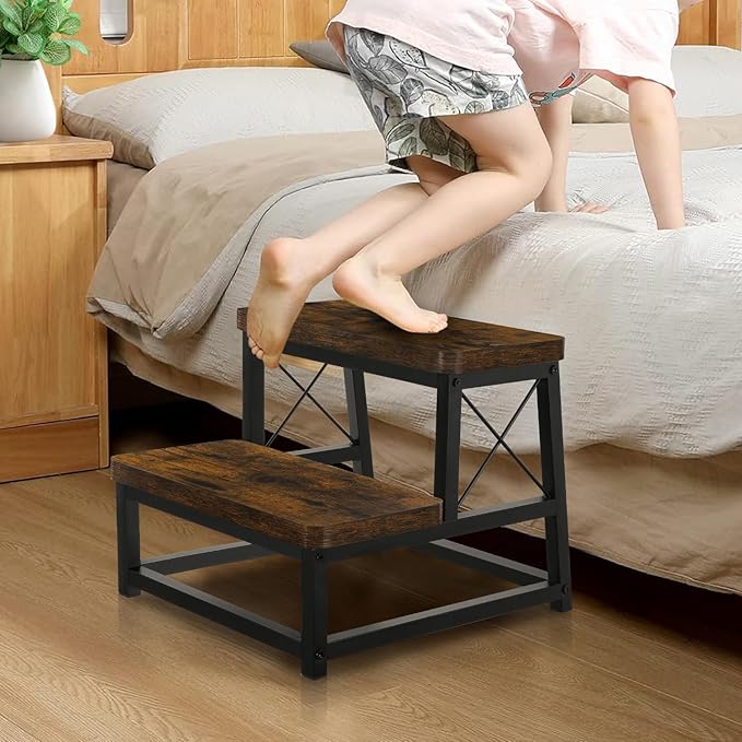 YINMIT Wooden Step Stool for Adults, 2 Tier Heavy Duty Step Stool for High Bed with Non-Slip Feet, Using for Bedroom, Living Room, Bathroom and Kitchen, Hold Up to 500 LBS