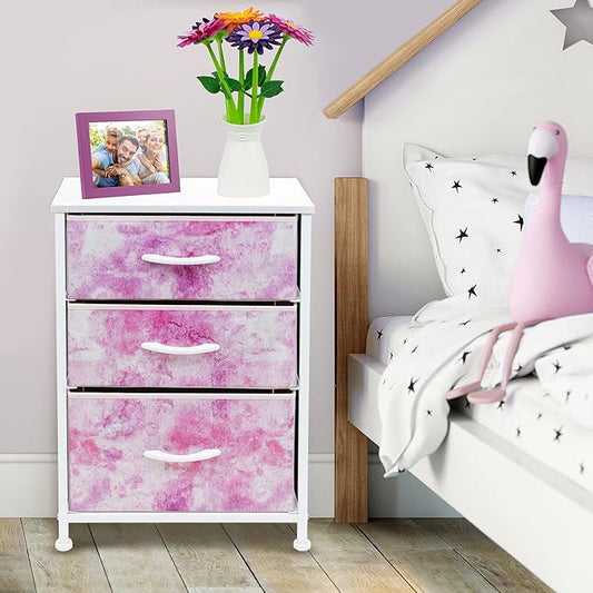 Sorbus Nightstand Storage Organizer with 3 Drawers - Kids Girls, Boys Bedroom Furniture Storage Chest for Clothes, Closet Organization - Steel Frame, Wood Top, Tie-dye Fabric Bin (Pink)