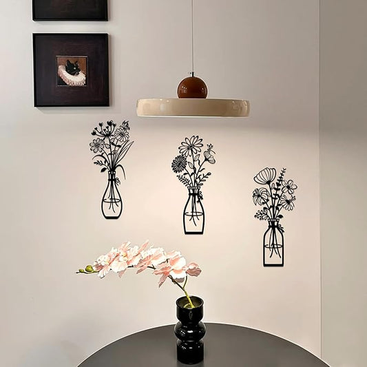3 Pieces Metal Flowers Wall Art Decor, Farmhouse Minimalist Bathroom Wall Decors Sculptures for Living Room Dining Room Bedroom Housewarming Gifts