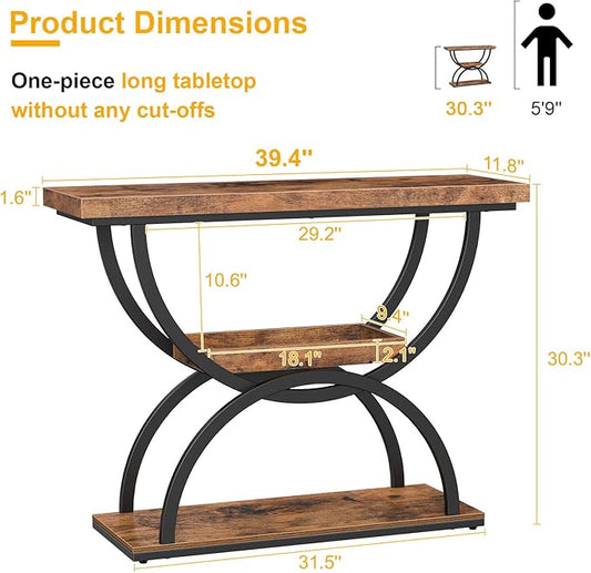 Snughome Entryway Table, 39.4" Console Table, 3-Tier Industrial Sofa Table Behind Couch Accent Table, 200 LBS Load Tabletop, Easy Assembly, for Hallway, Living Room, Foyer, Rustic Brown