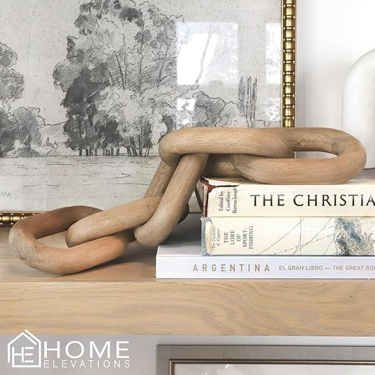 Natural Wood Chain Link Decor – 21" Light-Medium Decorative Object for Coffee Table, TV Stand & Living Room - Bohemian Shelf & Entryway Table Accent – Gift Idea for Housewarming or Home Décor