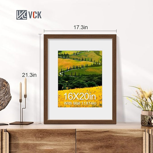 VCK 16x20 Picture Frame 5 Pack - Brown, High-End Wood Poster Frames with Tempered Glass, Display 11x14 Photo with Mat or 16x20 without Mat, Art Gallery-Quality, Wall Hanging, Brown
