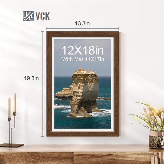 VCK 12x18 Picture Frame 5 Pack - Brown, High-End Wood Poster Frames with Tempered Glass, Display 11x17 Photo with Mat or 12x18 without Mat, Art Gallery-Quality, Wall Hanging, Brown