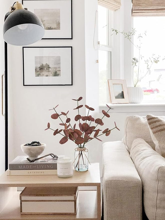 Artificial Eucalyptus Stems in Glass Vase with Faux Water, 14" Fake Plants for Home Decor, Coffee Table Centerpieces, Office, Bathroom & Farmhouse Weddings - Faux Plants Decorations