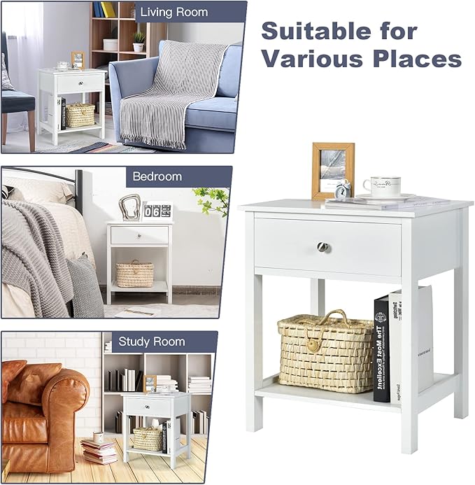 Giantex Nightstand Set of 2, Wood End Table with Drawer and Open Shelf, Night Stand for Small Spaces, 2-Tier Bedside Table for Living Room Bedroom Dorm, Easy Assembly, White