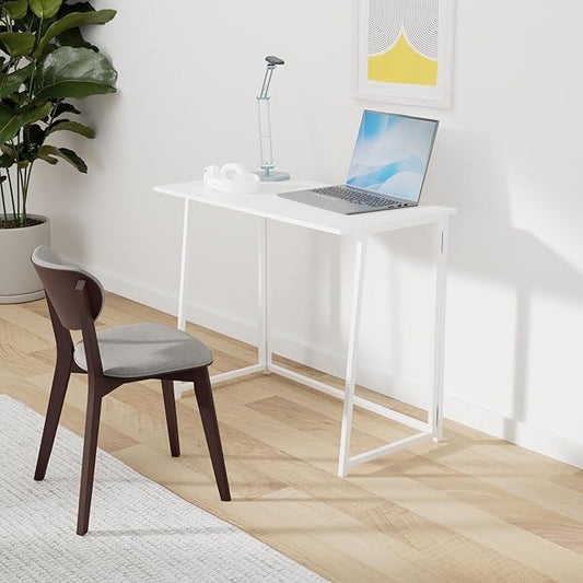4NM 31.5" Small Folding Desk, Foldable Computer Home Office Desk, Study Writing Table for Small Space Saving Bedroom, Easy Assembly - All White