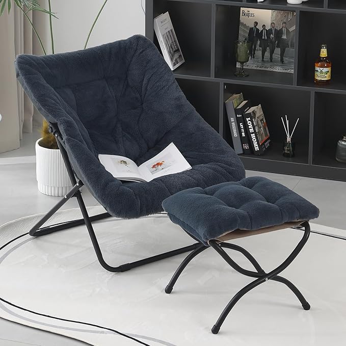 Saucer Chair with Ottoman, Comfy Doorm Chairs, Oversized Folding Faux Fur Chair, Foldable Metal Frame Chair for Bedroom, Living Room(Navy Blue)