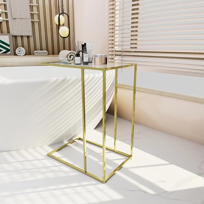 C-Shaped End Table, Side Table for Couch,Sofa Snack Table with Tempered Glass & Metal Frame,Small TV Tray Table for Small Space,Living Room, Bedroom, Bedside,Modern Style, Gold