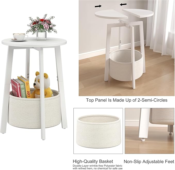 Small Round Side End Table with Cloth Storage Basket, Round Bedside Sofa Couch Coffee Tables for Small Places with Metal Frame, Modern Nighstands for Living Room Bedroom,White