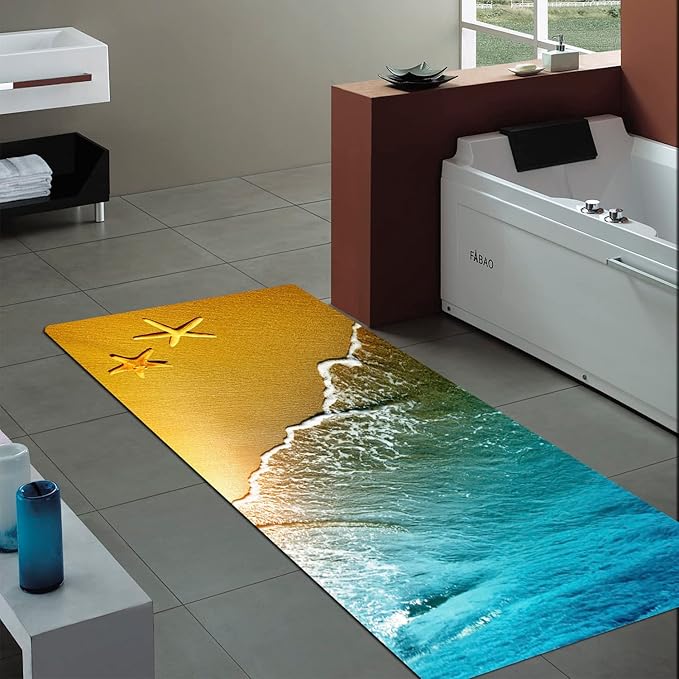 Bath Rugs Sponge Foam Absorbent Soft for Bathroom and Kitchen (24x71 inches), Flannel Mat Non Slip Bright 3D Print for Bedside and Living Room(Starfish Beach)