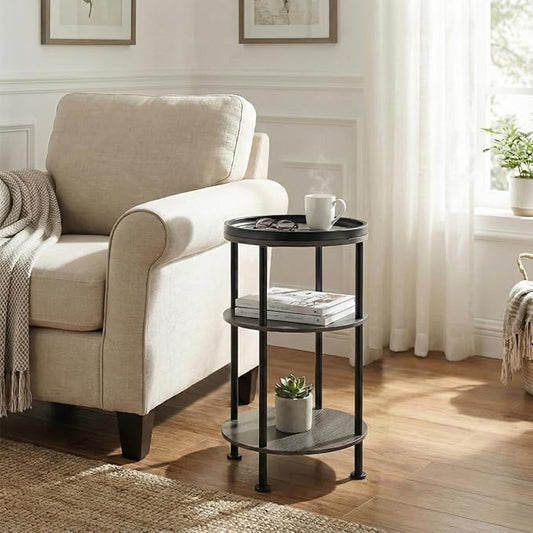 Small Round Side Table, Rustic Grey End Table with Tray Top, 3-Tier Greige Nightstand for Living Room & Bedroom, 11.8" Narrow Corner Table, 21.7" H Industrial Accent Furniture for Small Spaces, Grey