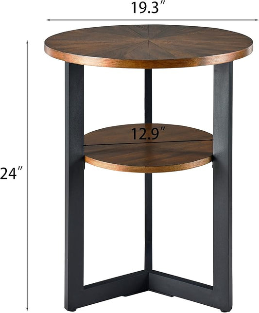LEEMTORIG Round Side Table, 2-Tier End Table Nightstand with Metal Legs, Modern Bedside Accent Couch Table for Living Room, Bedroom, Office, Rustic Brown/Black, 19.3 x 19.3 x 24 inches BZ-1338-NC