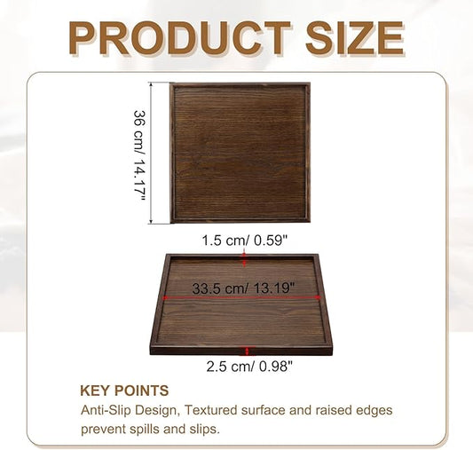 Wooden Serving Tray Square Wood Serving Tray Decorative Platter, 14.2x14.2 Inch Fit for Home Decor Kitchen Coffee Table Candle Holder, (Brown)
