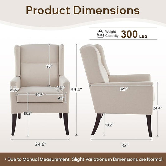 High Back Living Room Chairs, Fabric Accent Chair, Comfy Upholstered Armchair with Wooden Legs for Living Room, Bedroom, Apartment (1, Beige)