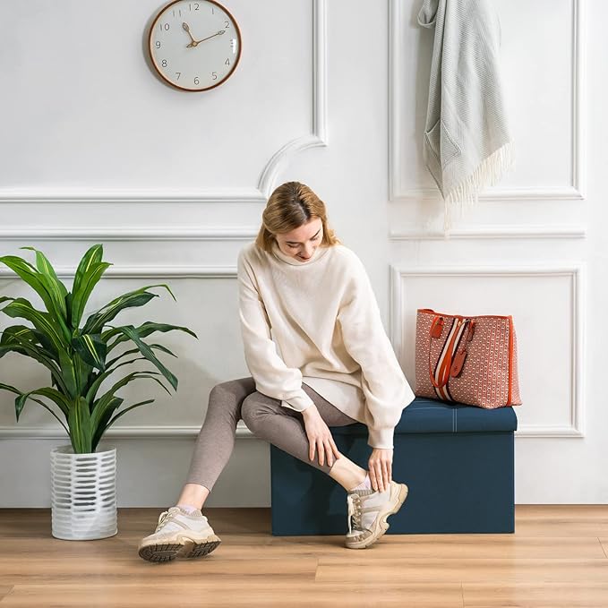 YOUDENOVA 30 Inches Folding Ottoman with Storage, Footrest Seat Support 350lbs, Bench for Living Room Bedroom, Linen Fabric Blue