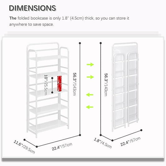 4NM No Assembly Folding Bookshelf, 5 Tiers Collapsible Book Shelves Open Industrial Foldable Storage Bookcase Shelf for Bedroom, Living Room, Home Office - All White