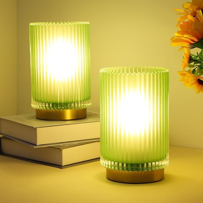Battery Operated Lamp, Cordless Table Lamp with Timer, Desk Bedside Lamps with LED Warm Light, Glass Small Table Lamp for Bedroom, Bathroom, Living Room, Home Decor - Matte Green