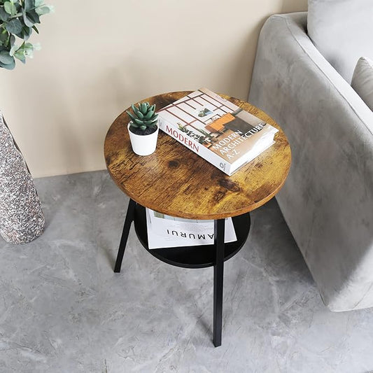 INHABIT UNION Round End Table,Accent Table Small Side Table for Living Room Bedroom, Balcony with Wooden Boards Storage Small Space (Rustic Brown)