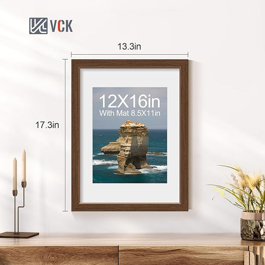 VCK 12x16 Picture Frame 5 Pack - Brown, High-End Wood Poster Frames with Tempered Glass, Display 8.5x11 Photo with Mat or 12x16 without Mat, Art Gallery-Quality, Wall Hanging, Brown