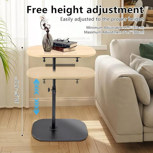 Side Table TV Tray for Couch,90° Tiltable Laptop Table Height Adjustable 360° Swivel C Shaped End Table for Small Spaces,Bedside Bathroom Living Room (Original Wood)