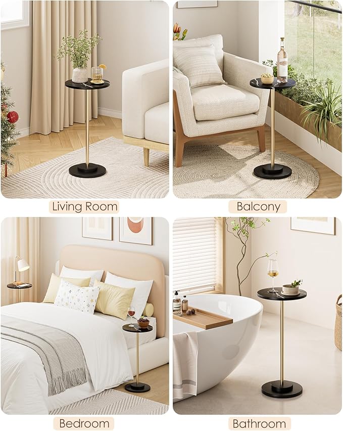 Round Side Table, Small Drink Table for Small Spaces, Modern Accent End Table with Metal Leg for Living Room, Bedroom, Corners, and Office (Black Marble)