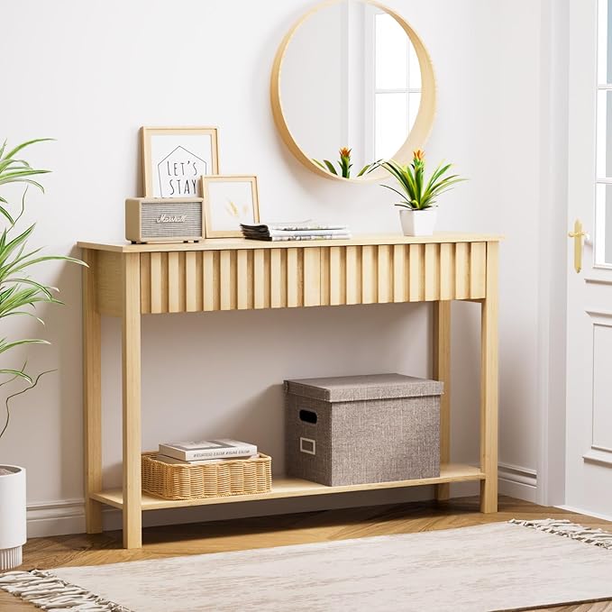 CHUWELL 47.2" Boho Entryway Table, Entryway Console Table with 2 Fluted Drawers and Shelf, Sofa Table for Living Room and Hallway (Oak)